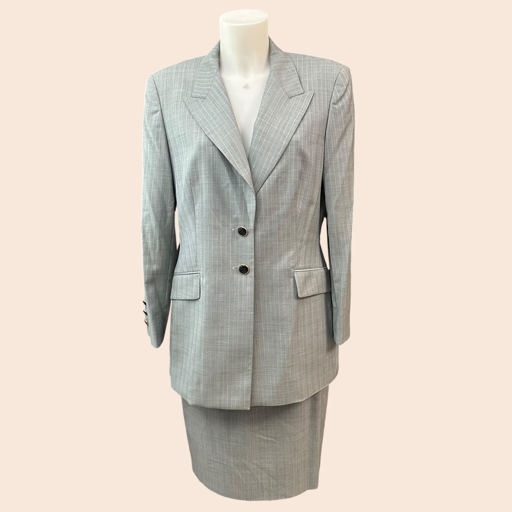 ESCADA Margaretha Ley 3 Pc Blazer Pants Skirt Suit Gray Wool Striped sz 40/US M